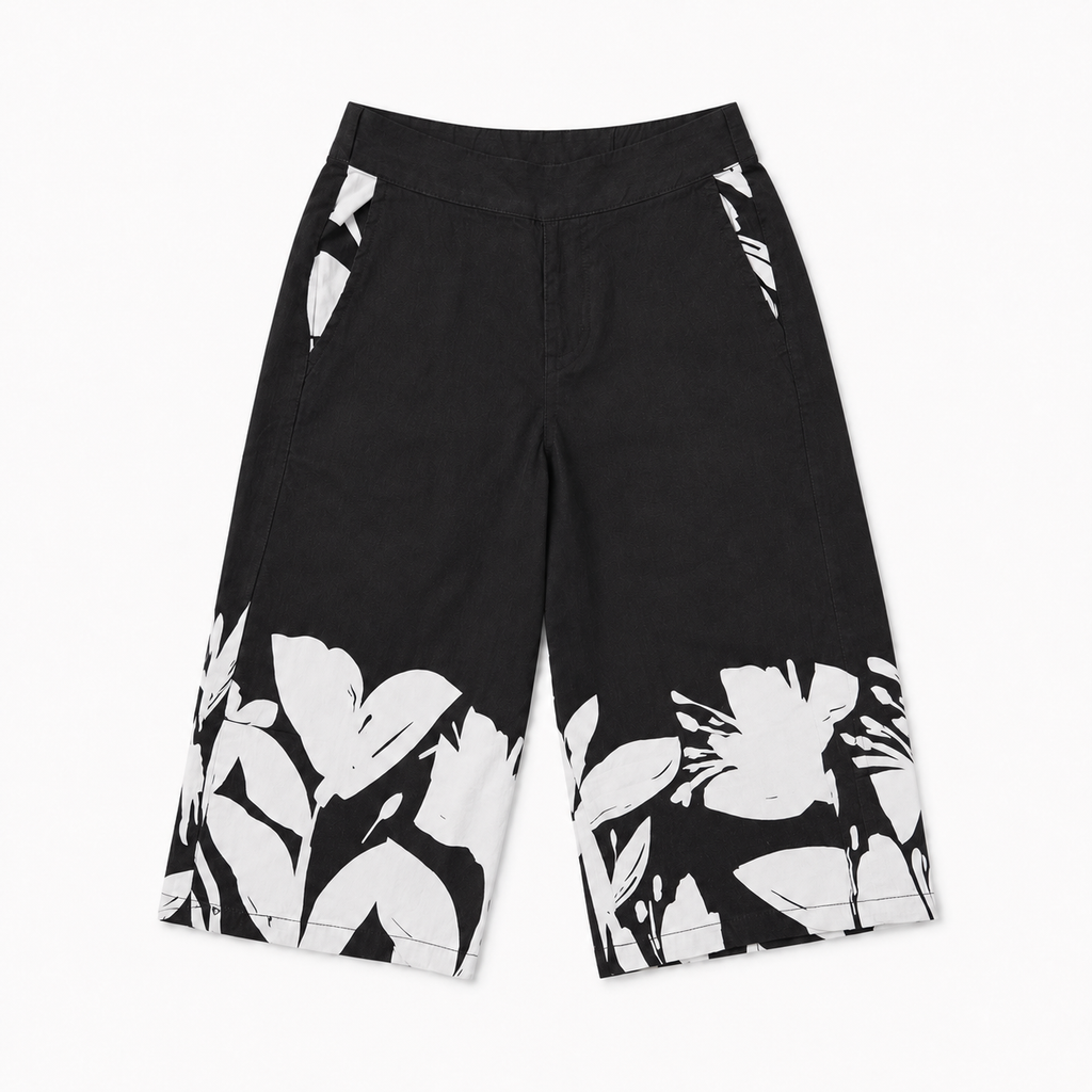 Girls’ Black and White Floral Co-Ord Set with Cropped Shirt and Wide-Leg Pants