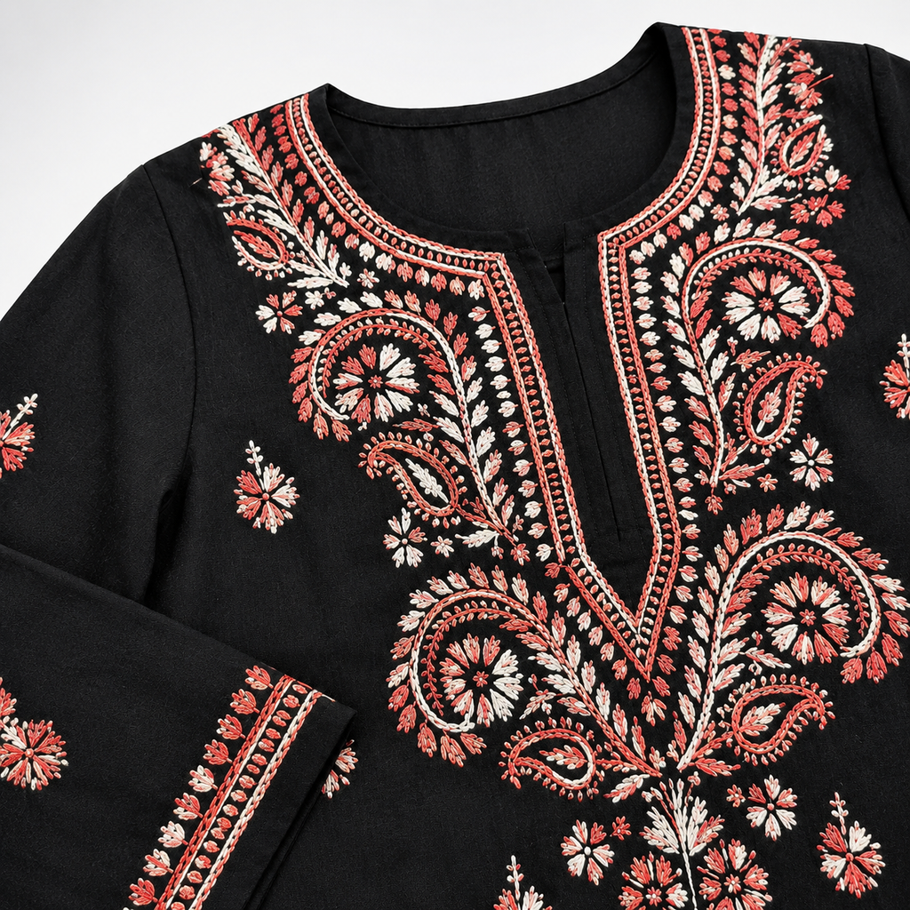 Cotton Two Shade Chikan Embroidered Kurti