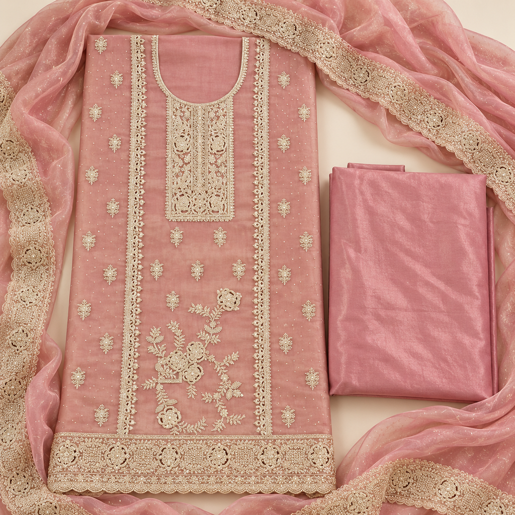 Heavy Embroidered Organza Suit with Santoon inner and bottom