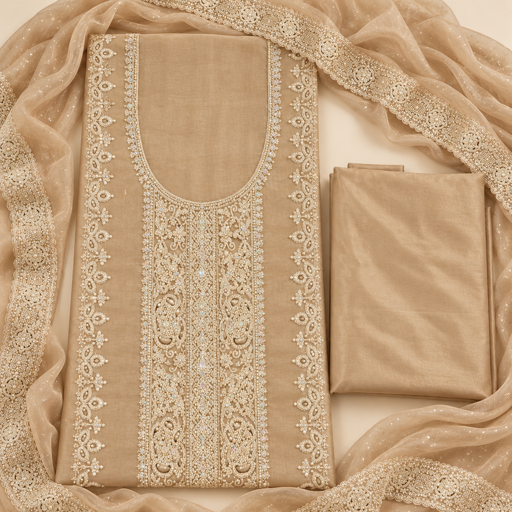 Heavy Embroidered Organza Suit with Santoon inner and bottom