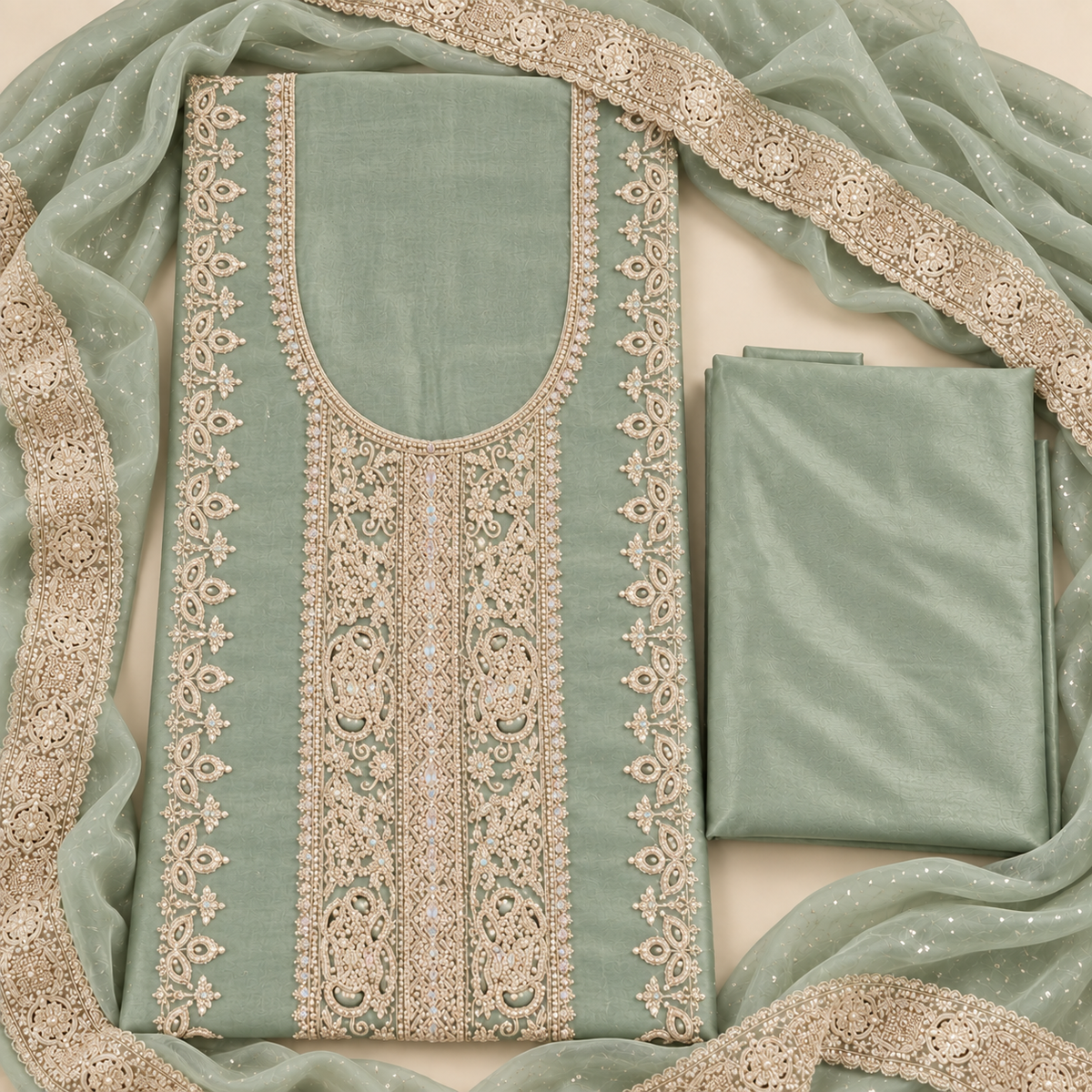 Heavy Embroidered Organza Suit with Santoon inner and bottom