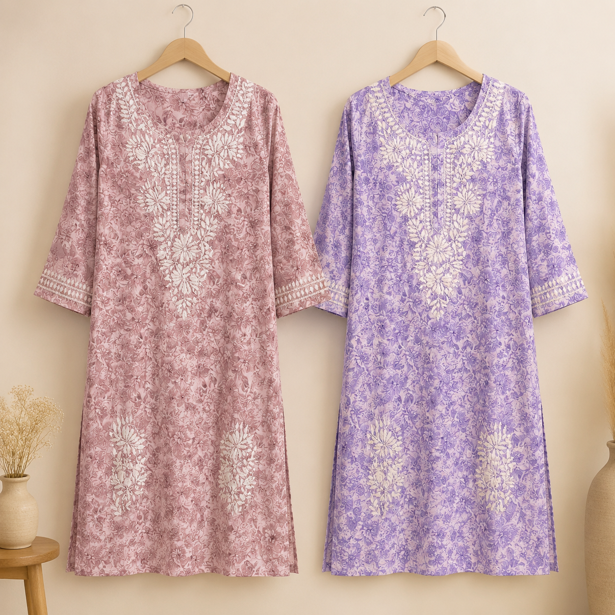 Mal Cotton Digital Print Chikankari Long Kurti