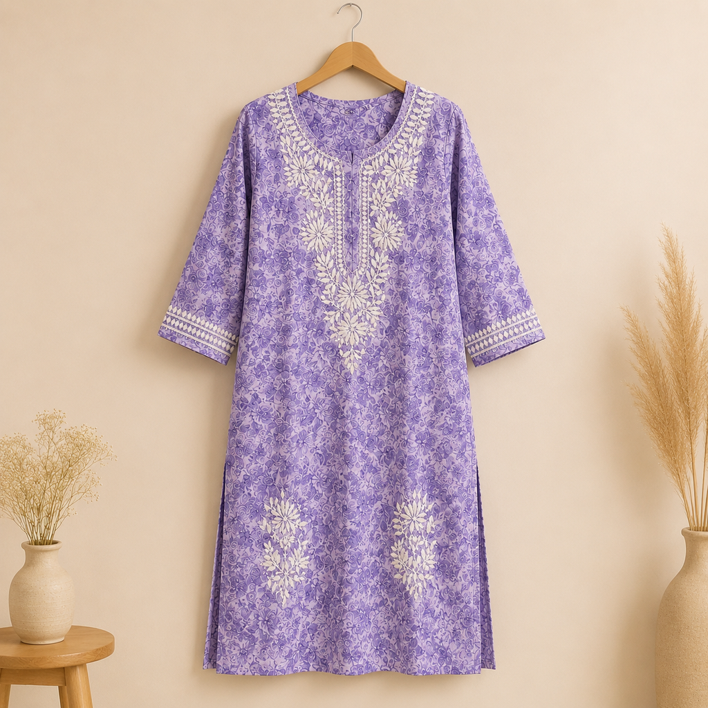 Mal Cotton Digital Print Chikankari Long Kurti