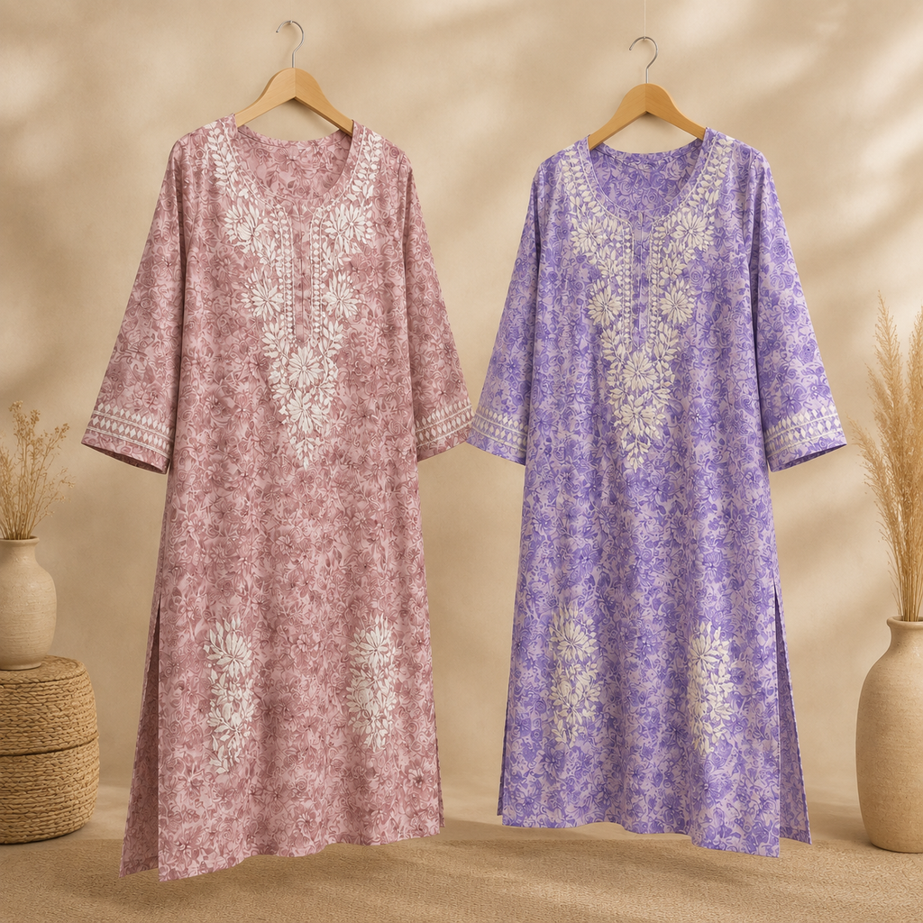 Mal Cotton Digital Print Chikankari Long Kurti