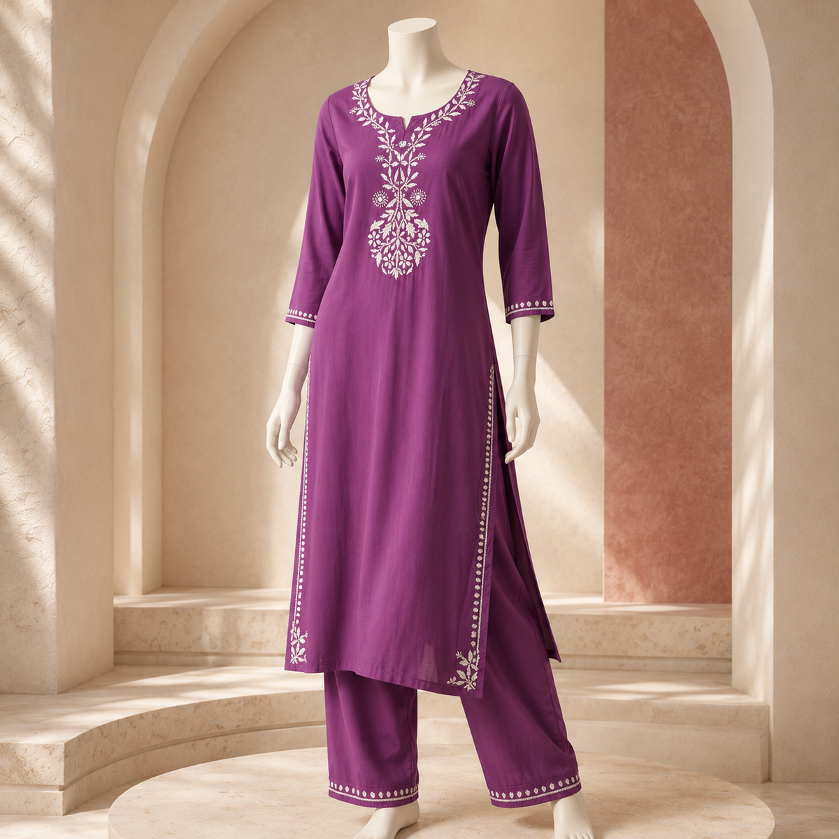 Heavy Rayon Chikan Long Kurti With Palazzo Set