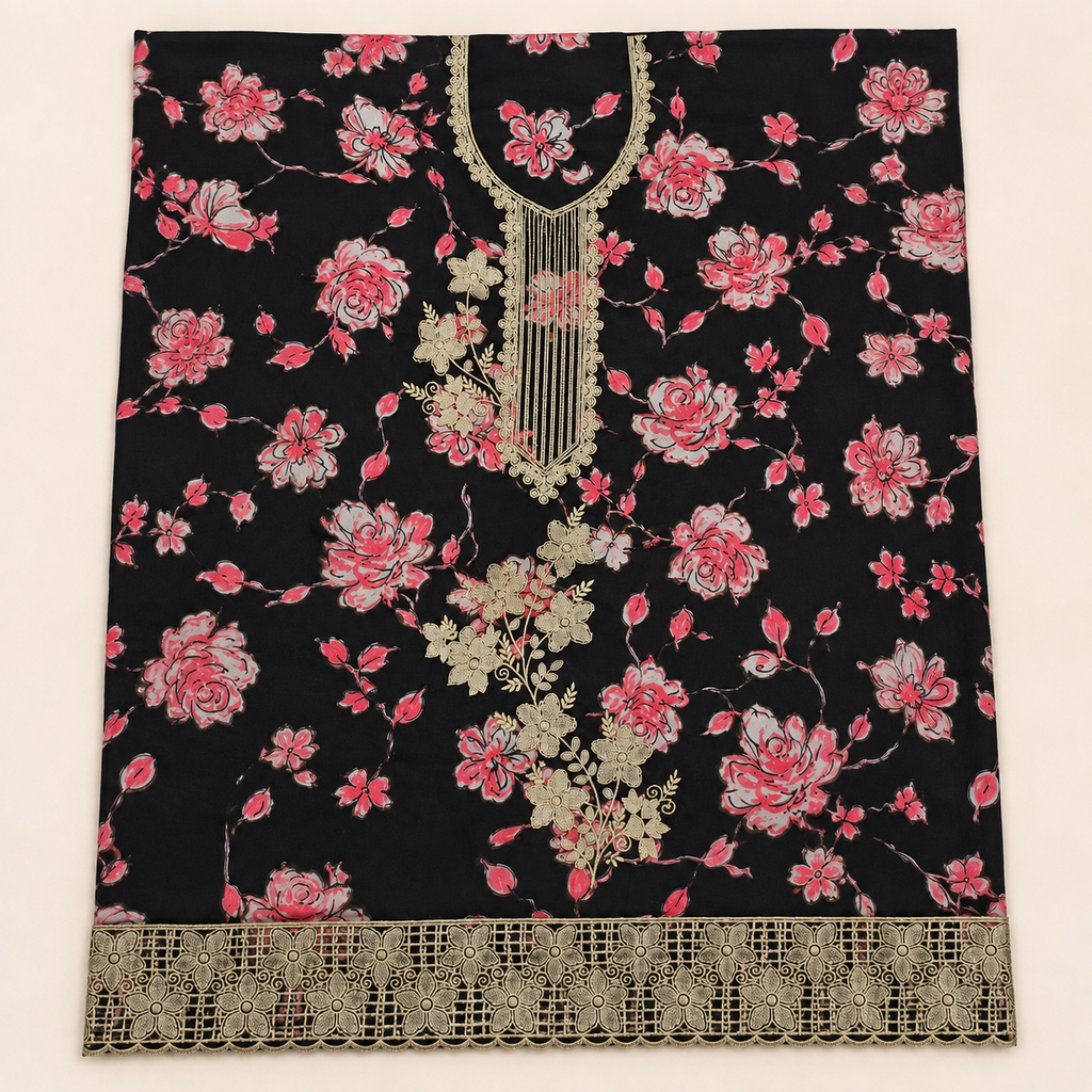 Cotton Rayon Foil Print Embroidered Partywear Suit
