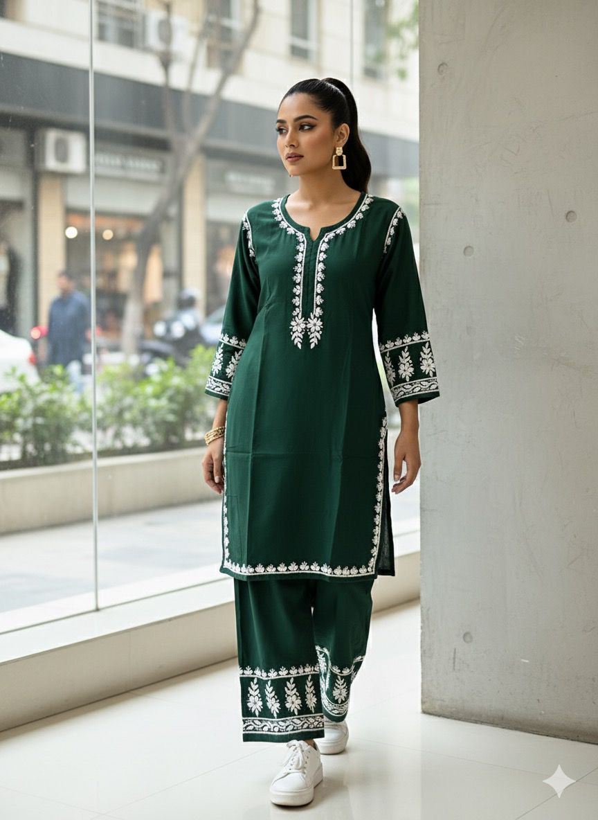 Chikan Embroidered Rayon Kurta with Matching Palazzo Set
