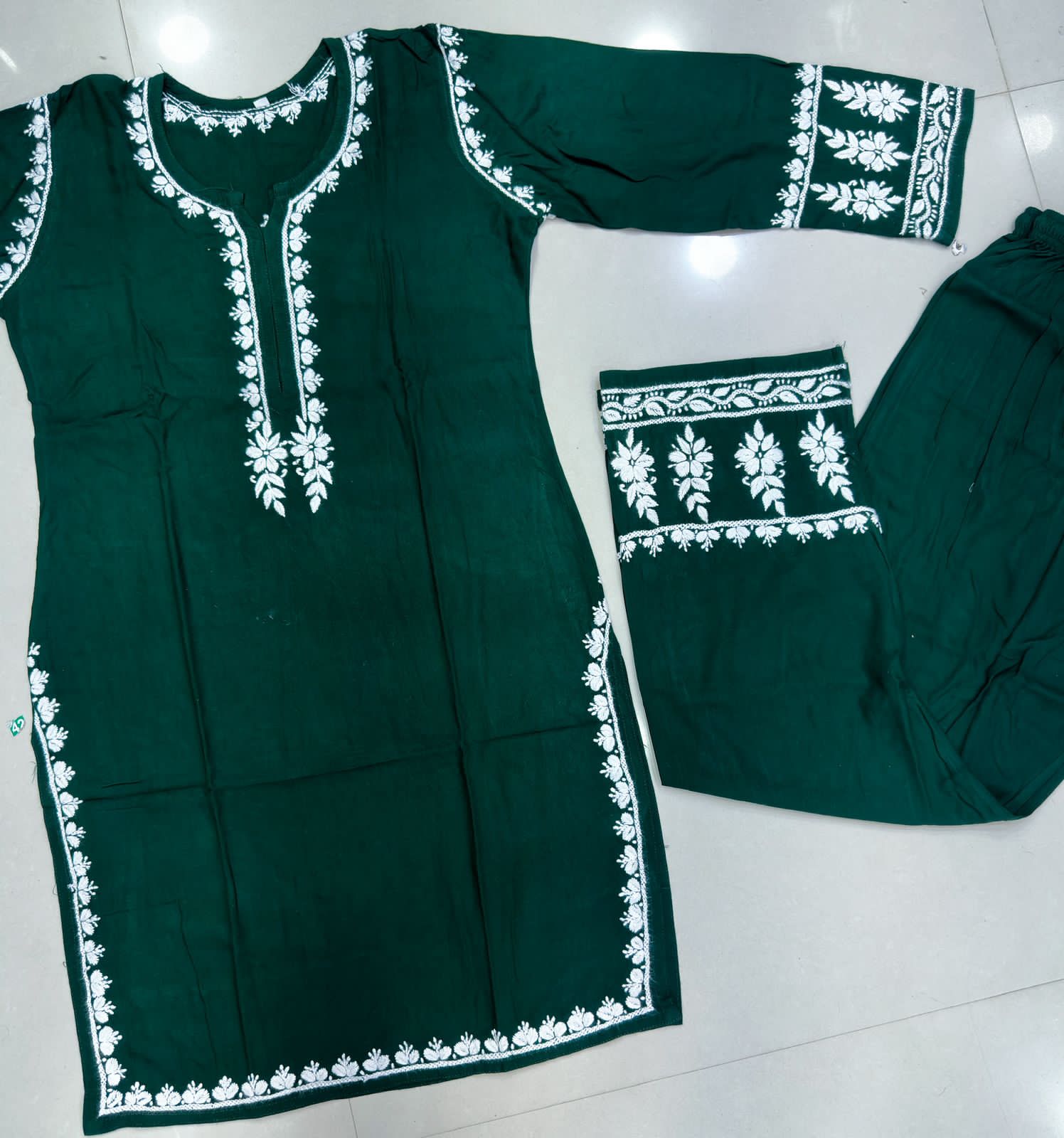 Chikan Embroidered Rayon Kurta with Matching Palazzo Set