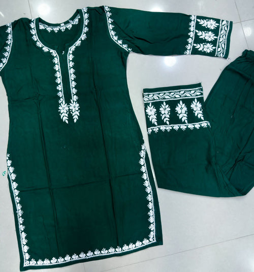 Chikan Embroidered Rayon Kurta with Matching Palazzo Set
