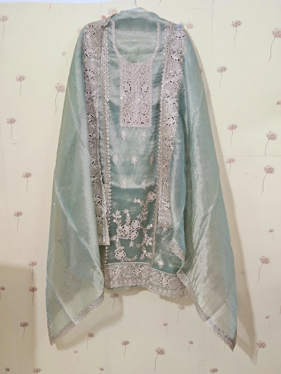 Heavy Embroidered Organza Suit with Santoon inner and bottom
