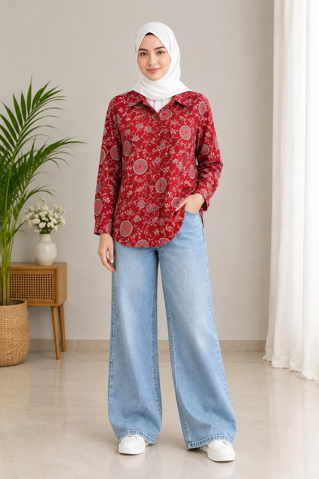Rosy Charm Pure Muslin Long Shirt for Girls | Dark Pinkish Red Printed Casual Wear