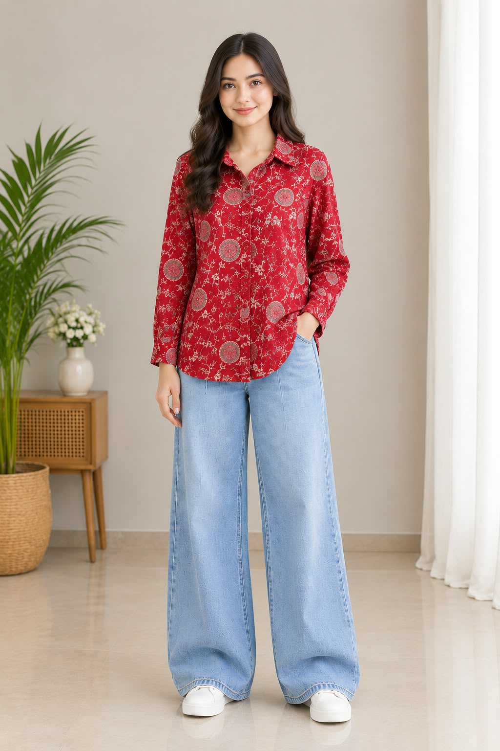 Rosy Charm Pure Muslin Long Shirt for Girls | Dark Pinkish Red Printed Casual Wear