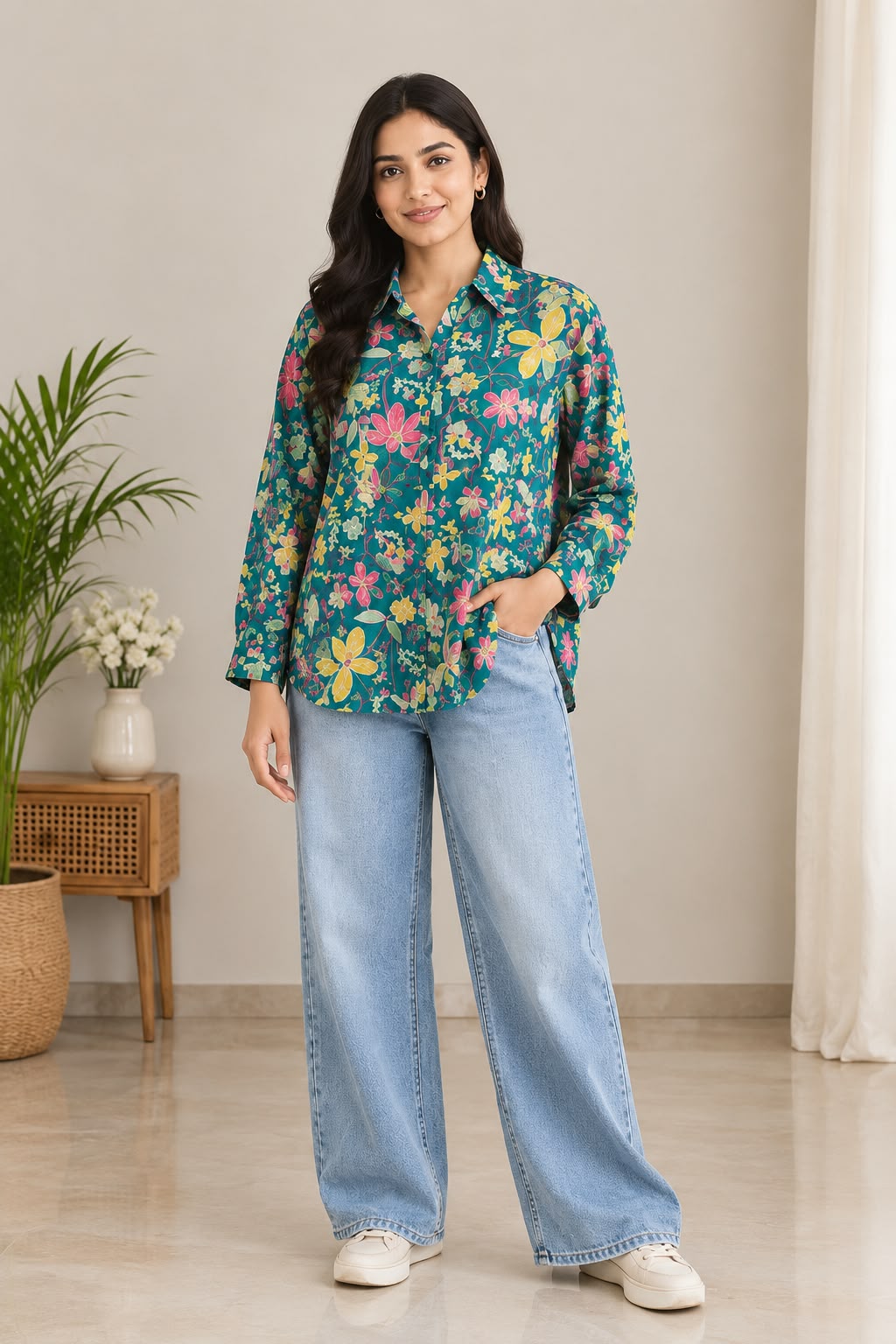 Bloom & Breeze Pure Muslin Long Shirt for Girls Elegant Floral Everyday Wear