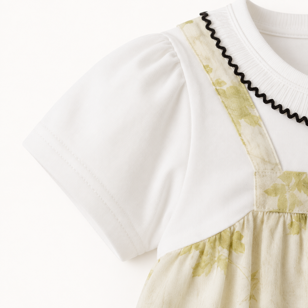 Girls’ Cream Floral Pinafore-Style Dress with White Short-Sleeve Top and Flower Appliqué