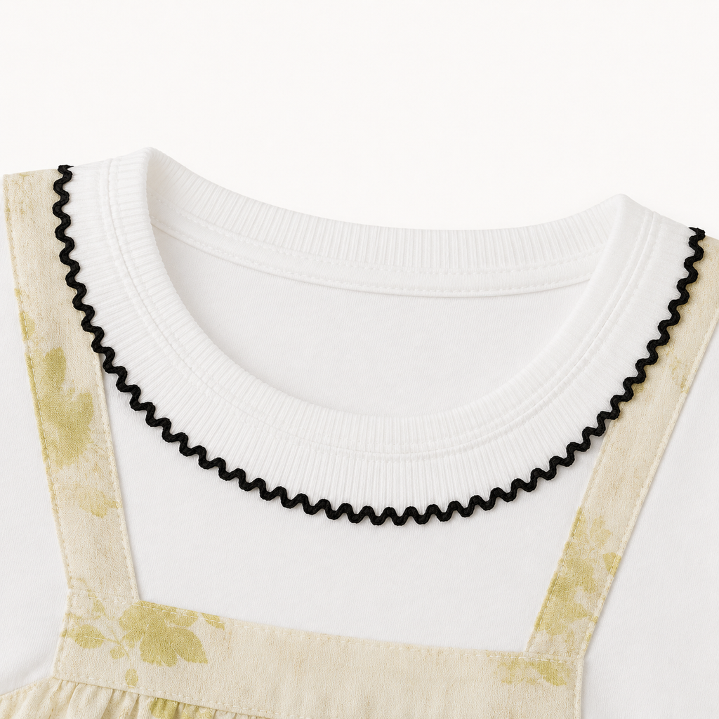 Girls’ Cream Floral Pinafore-Style Dress with White Short-Sleeve Top and Flower Appliqué