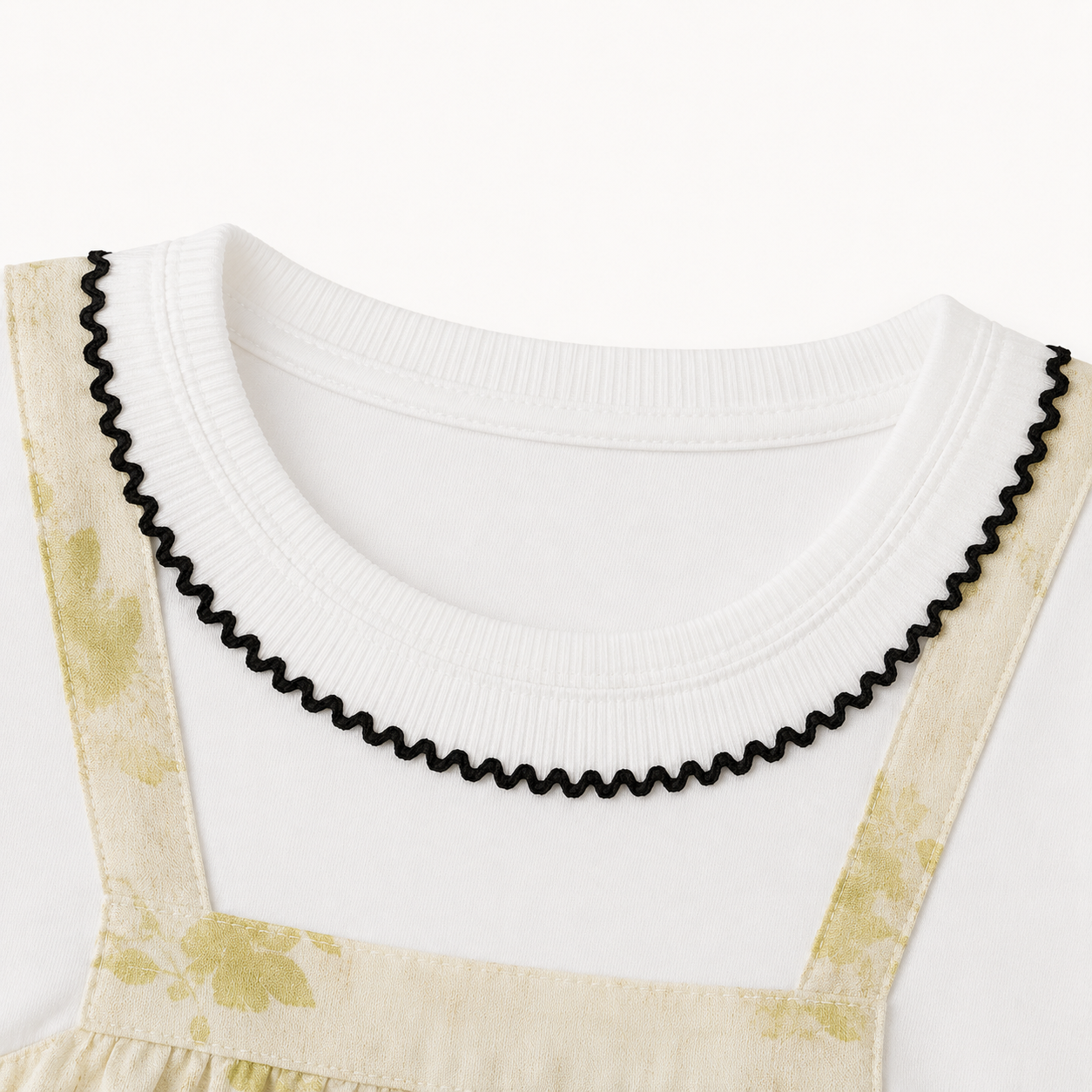 Girls’ Cream Floral Pinafore-Style Dress with White Short-Sleeve Top and Flower Appliqué