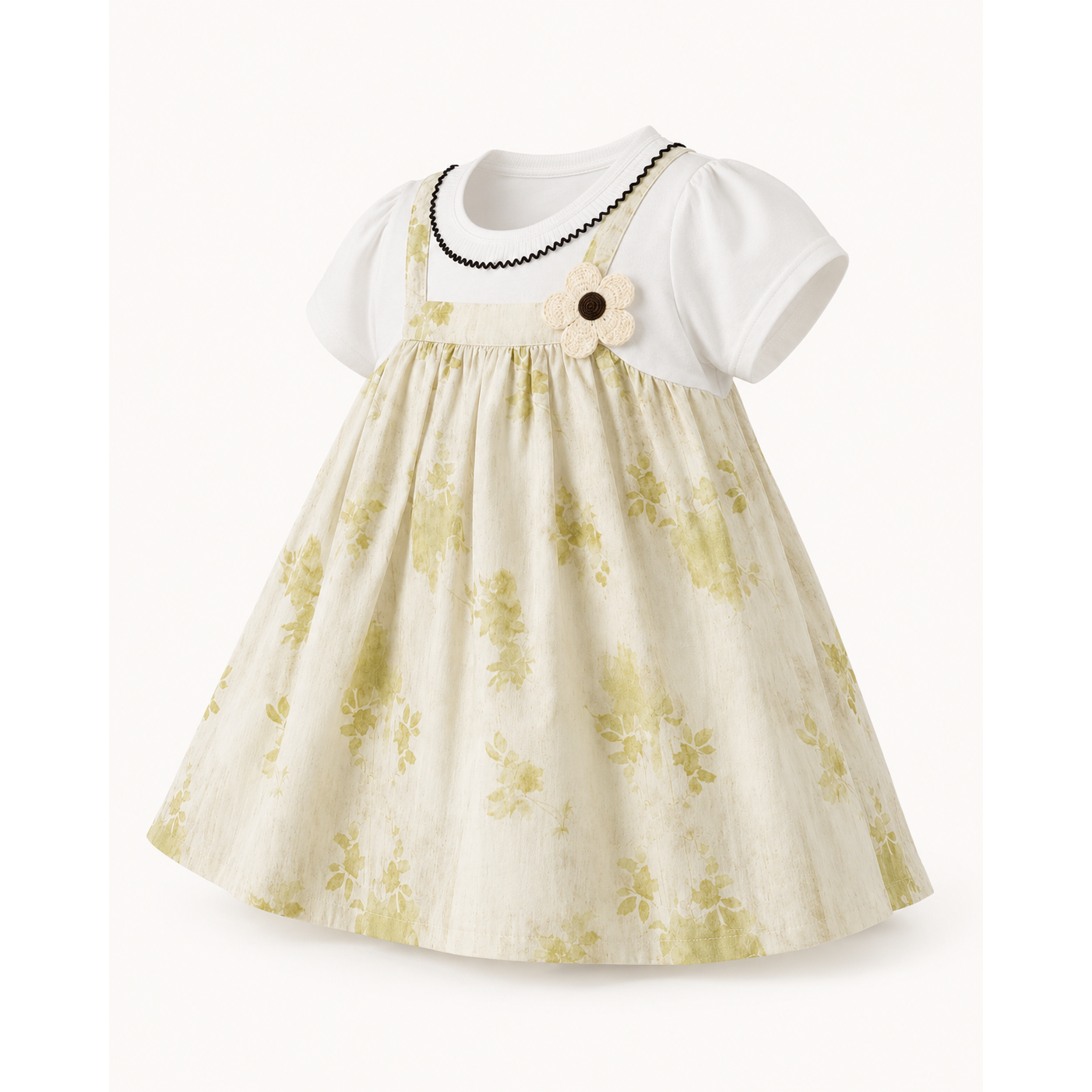 Girls’ Cream Floral Pinafore-Style Dress with White Short-Sleeve Top and Flower Appliqué