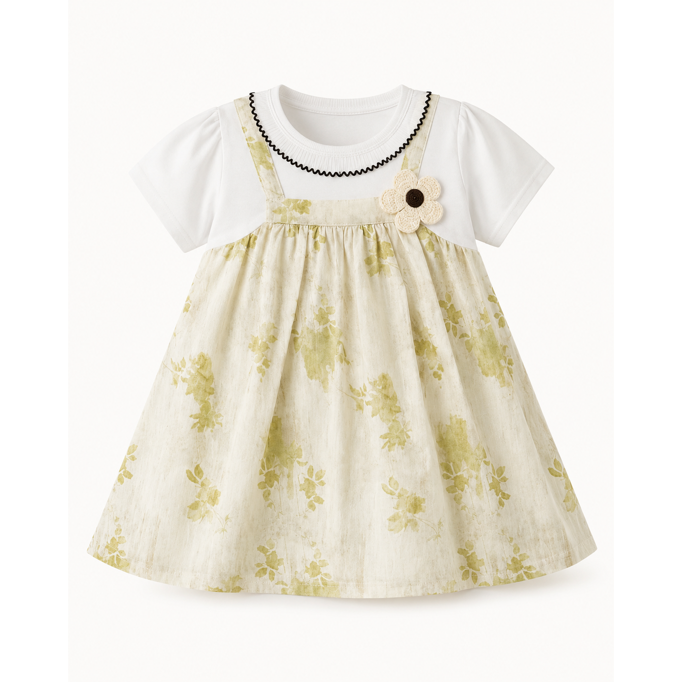 Girls’ Cream Floral Pinafore-Style Dress with White Short-Sleeve Top and Flower Appliqué