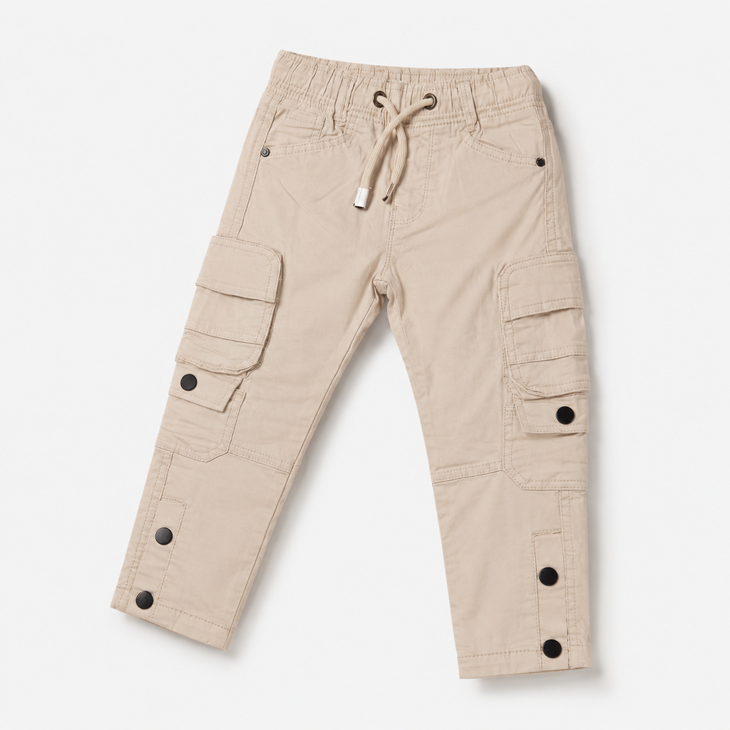 Boys’ Beige Utility Cargo Pants with Drawstring Waist and Multi-Pocket Design