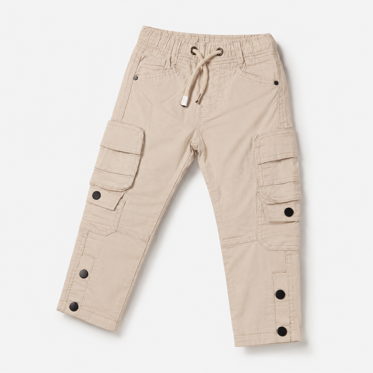 Boys’ Beige Utility Cargo Pants with Drawstring Waist and Multi-Pocket Design