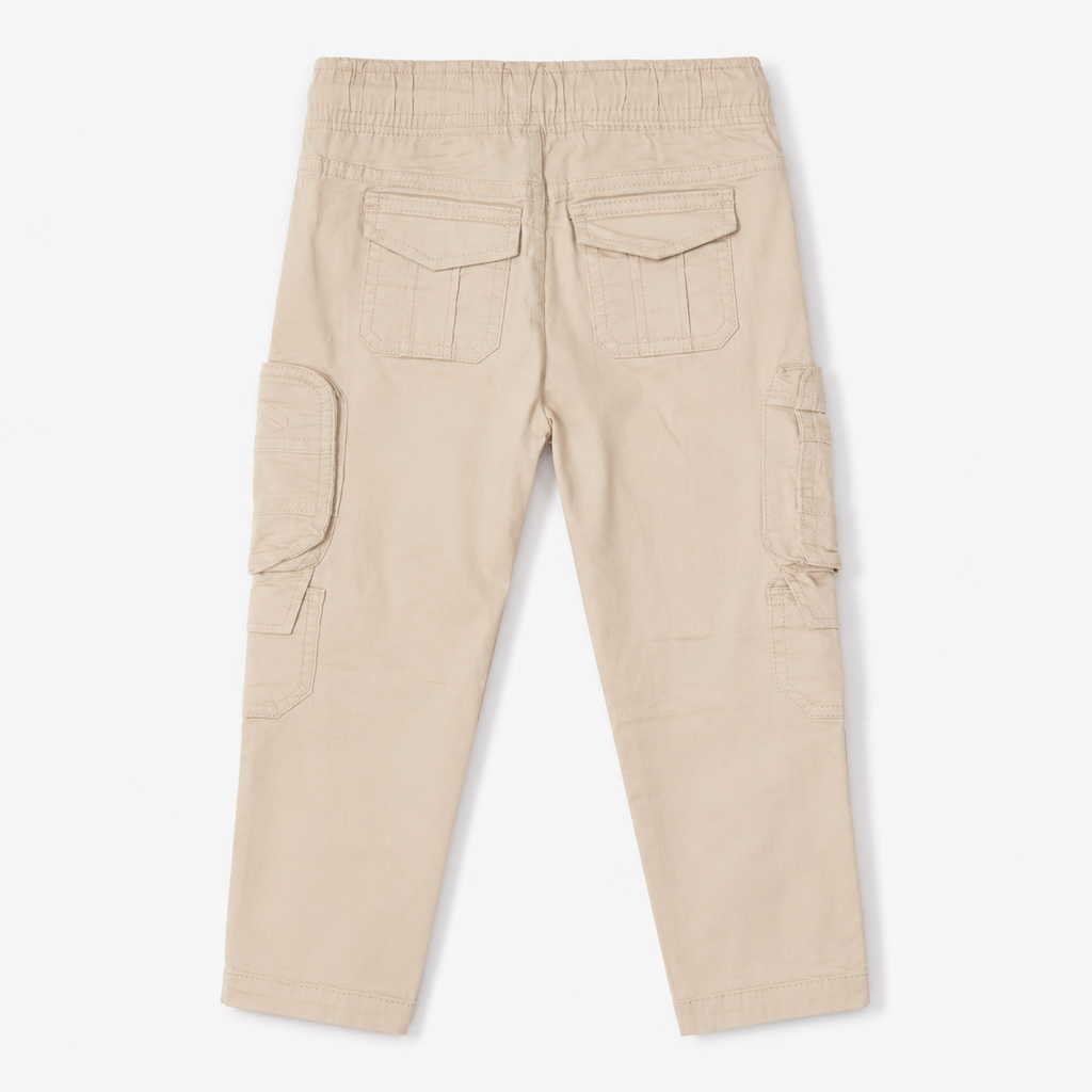 Boys’ Beige Utility Cargo Pants with Drawstring Waist and Multi-Pocket Design