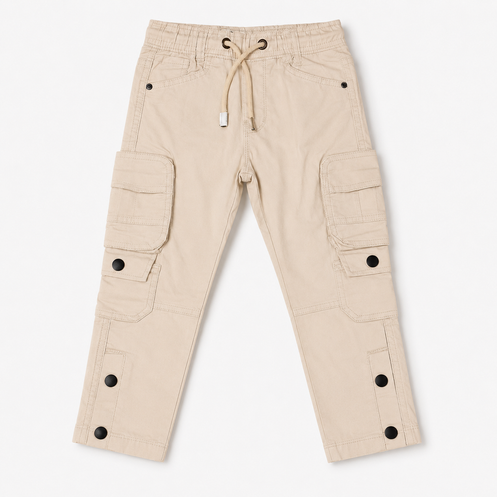 Boys’ Beige Utility Cargo Pants with Drawstring Waist and Multi-Pocket Design
