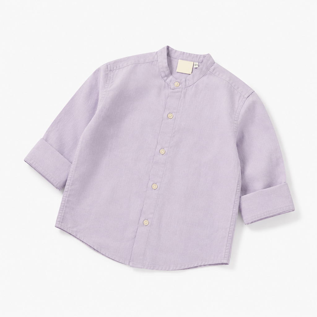 Boys’ Lavender Full-Sleeve Mandarin Collar Shirt with Button-Down Front