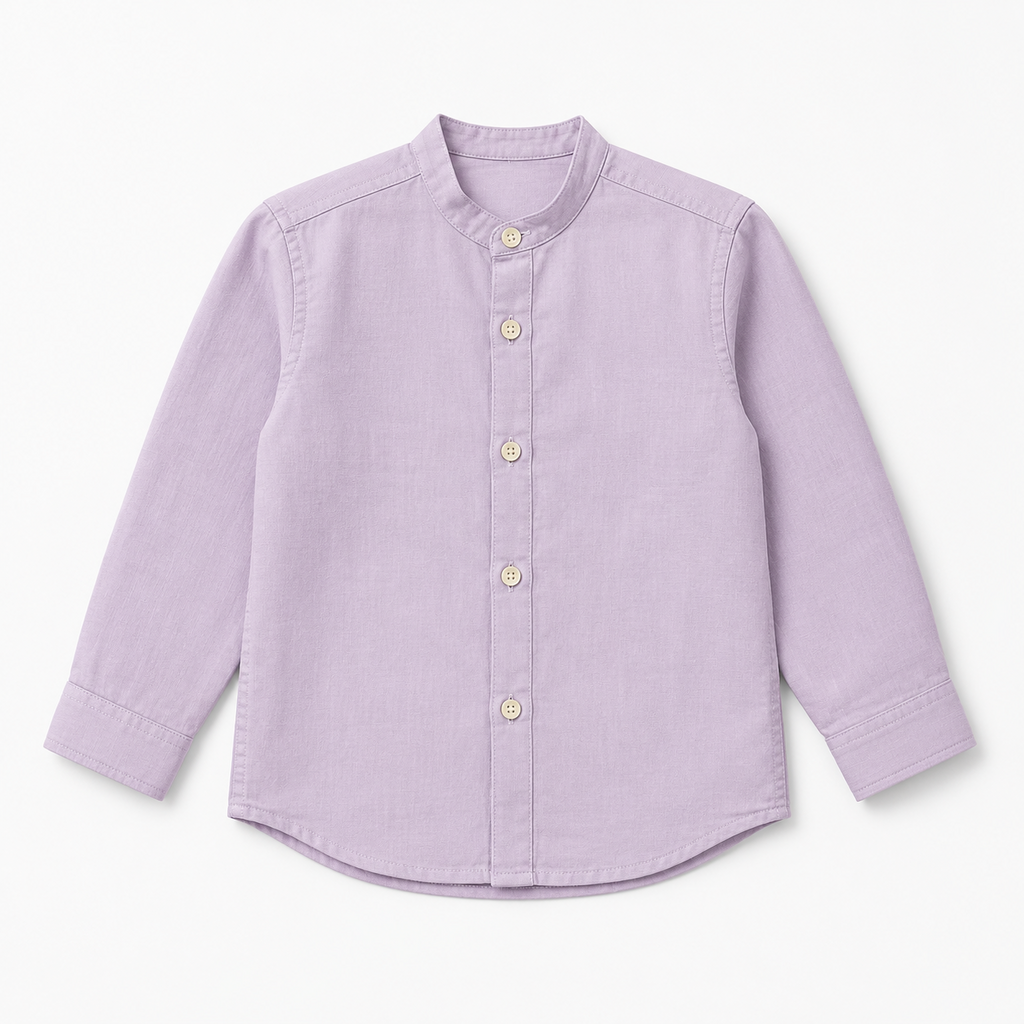 Boys’ Lavender Full-Sleeve Mandarin Collar Shirt with Button-Down Front