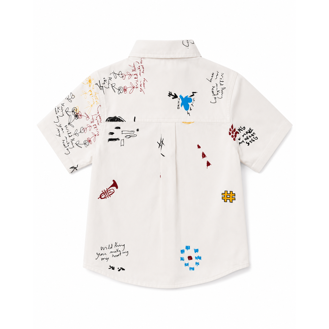 Boys’ White Short-Sleeve Shirt "Short Loose Fit" with Multicolour Graffiti Print and Yellow Buttons
