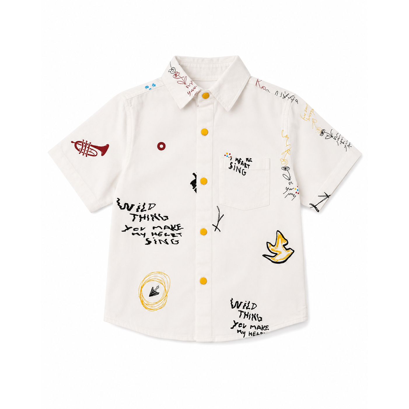 Boys’ White Short-Sleeve Shirt "Short Loose Fit" with Multicolour Graffiti Print and Yellow Buttons