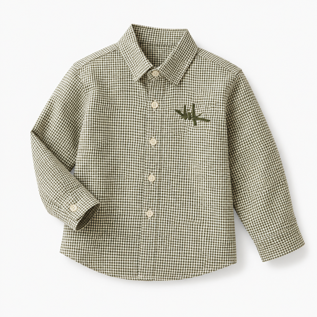 Boys’ Olive and Beige Checkered Full-Sleeve Shirt with Embroidered Chest Detail