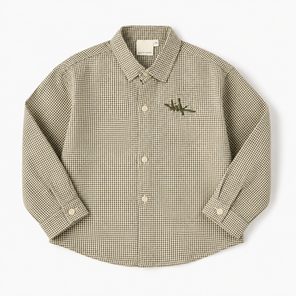 Boys’ Olive and Beige Checkered Full-Sleeve Shirt with Embroidered Chest Detail