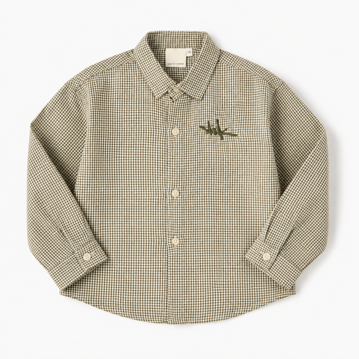 Boys’ Olive and Beige Checkered Full-Sleeve Shirt with Embroidered Chest Detail