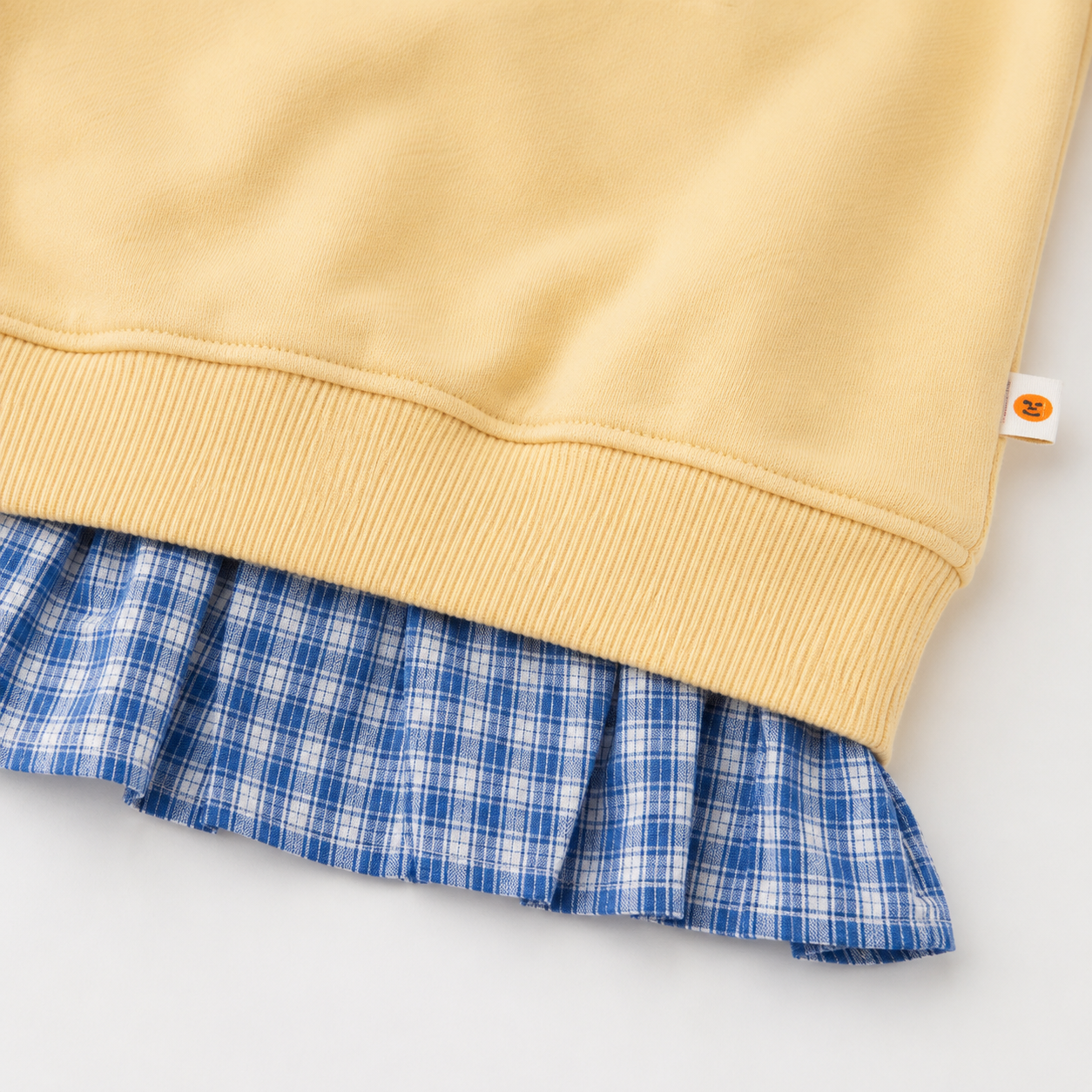 Girls’ Yellow Full-Sleeve Sweatshirt with Blue Checkered Ruffle Hem and Heart Appliqué