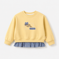 Girls’ Yellow Full-Sleeve Sweatshirt with Blue Checkered Ruffle Hem and Heart Appliqué