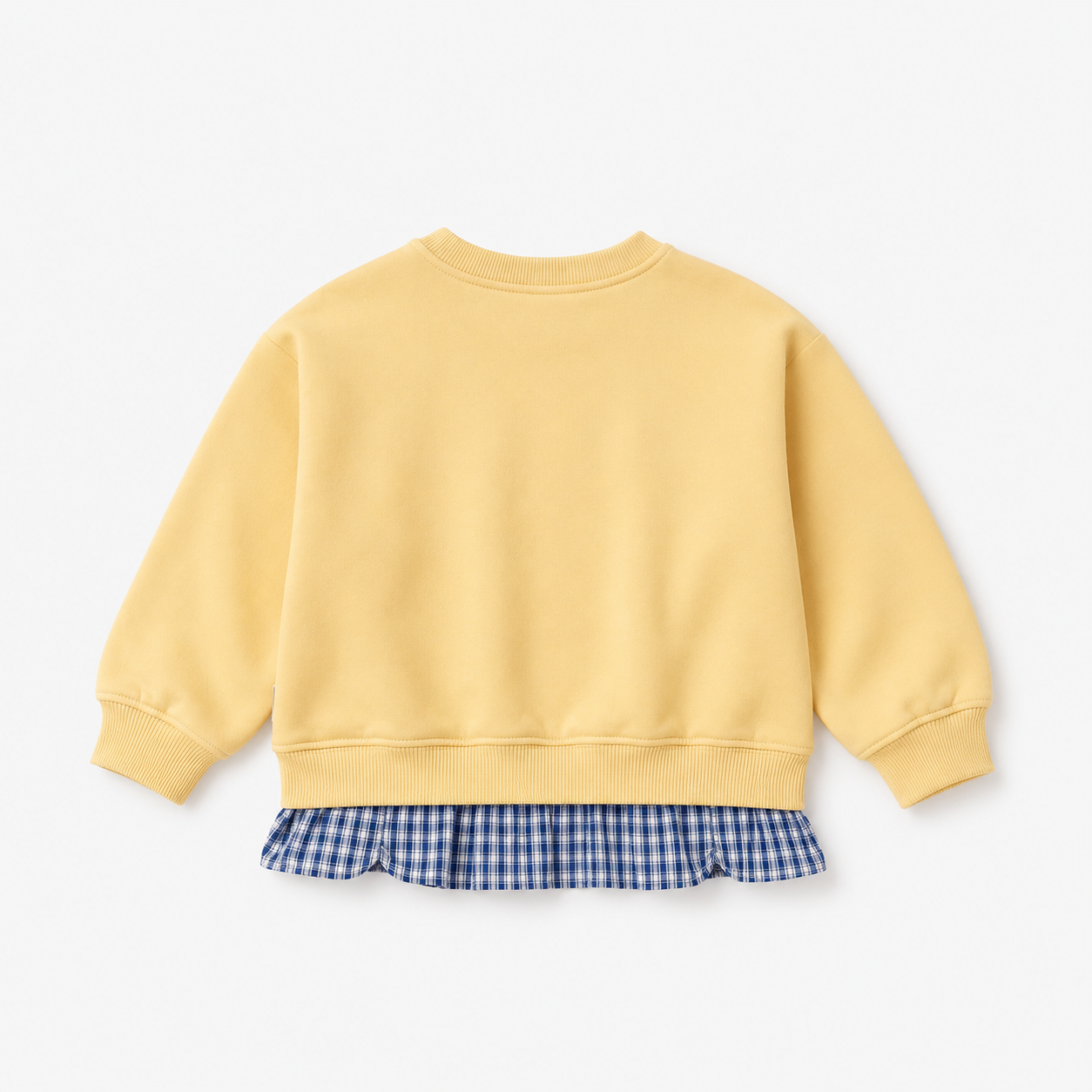 Girls’ Yellow Full-Sleeve Sweatshirt with Blue Checkered Ruffle Hem and Heart Appliqué